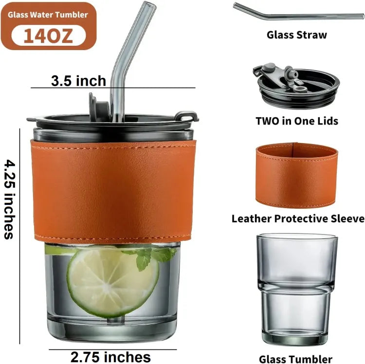 Glass Coffee Mug With Lid and Leather Sleeve