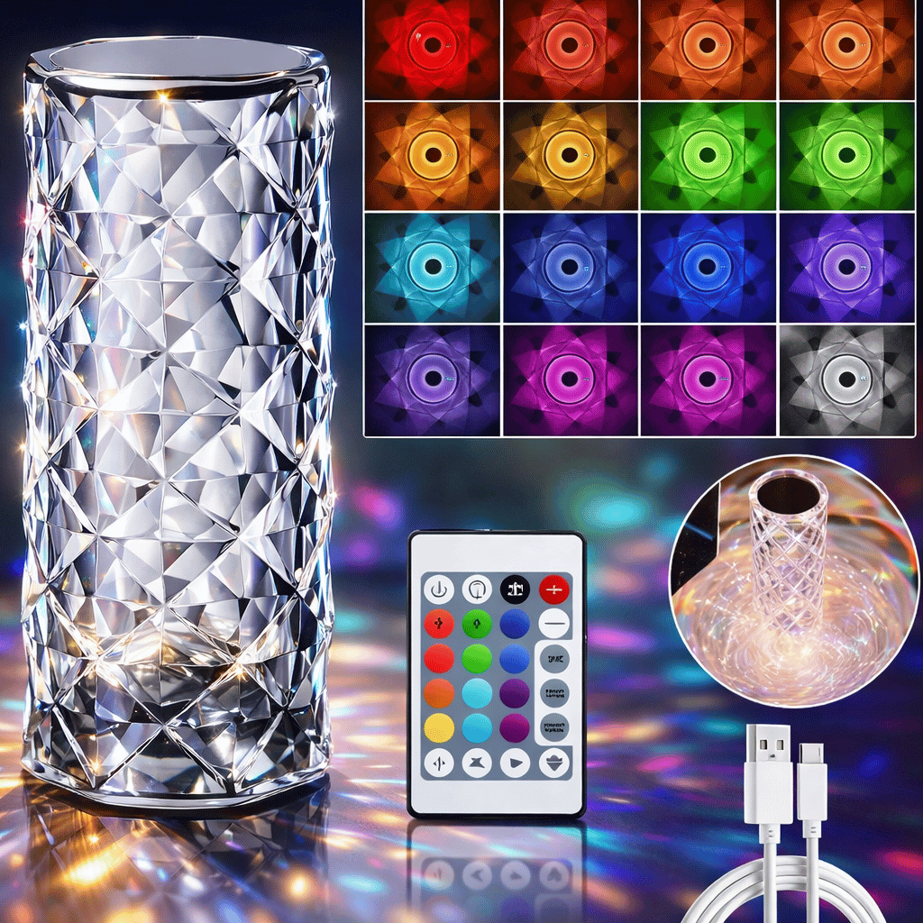 16 Color Crystal Diamond Table Lamp Changing Touch Lamp USB Romantic Rose Diamond