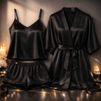 3-Piece Satin Sleepwear Set for Women – Camisole, Shorts & Robe ( Free Size )