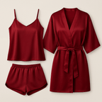 3-Piece Satin Sleepwear Set for Women – Camisole, Shorts & Robe ( Free Size )