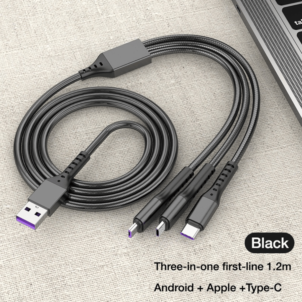 3-in-1 Metal Fast Charging Cable – Micro USB, Type-C & iPhone (Random color)