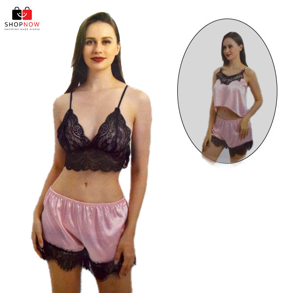 3 Piece Sleepwear Set With Black Lace