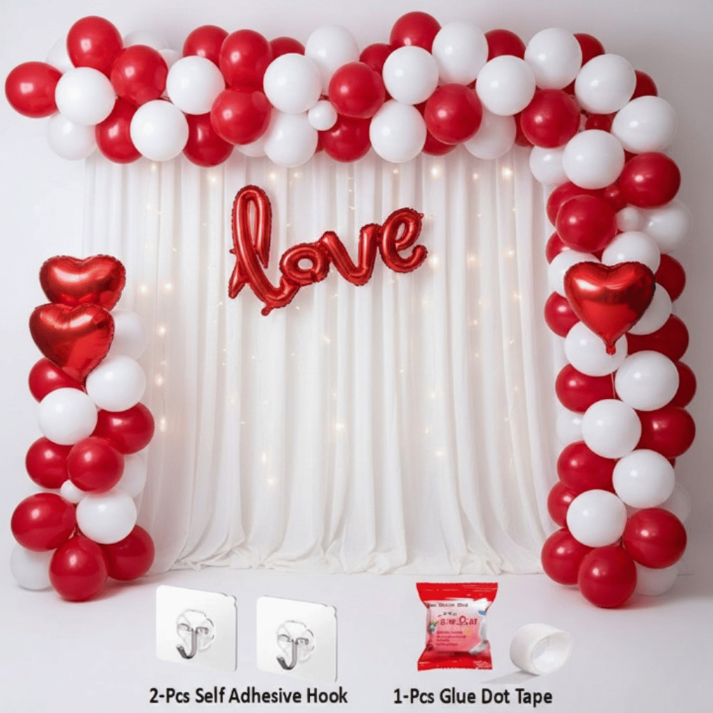 32 Pcs Romantic Tent Decoration Set With Red & White Balloons, Foil Heart, LED Lights