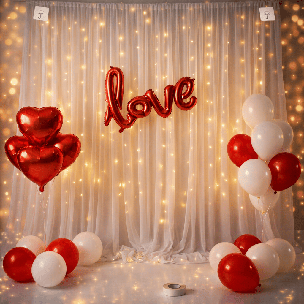 32 Pcs Romantic Tent Decoration Set With Red & White Balloons, Foil Heart, LED Lights