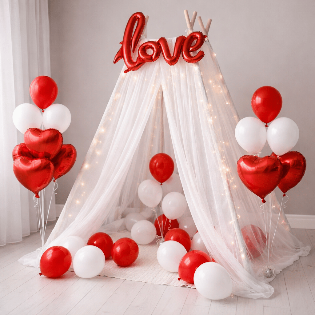 32 Pcs Romantic Tent Decoration Set With Red & White Balloons, Foil Heart, LED Lights