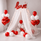 32 Pcs Romantic Tent Decoration Set With Red & White Balloons, Foil Heart, LED Lights