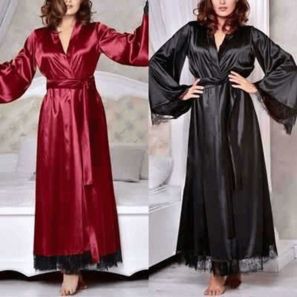 3Pcs Imported Women's Luxury Satin Robe with Bikini Lingerie Set – Full-Length Kimono Nightwear
