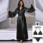 3Pcs Imported Women's Luxury Satin Robe with Bikini Lingerie Set – Full-Length Kimono Nightwear