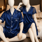 (3 Pcs) Couple Night Suit / Sleepwear Set – Stylish Nightdress & Pajama Shorts