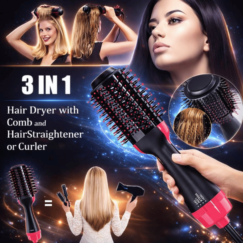 3‑in‑1 Hair Dryer with Comb, Hair Straightener & Curler for Easy Styling