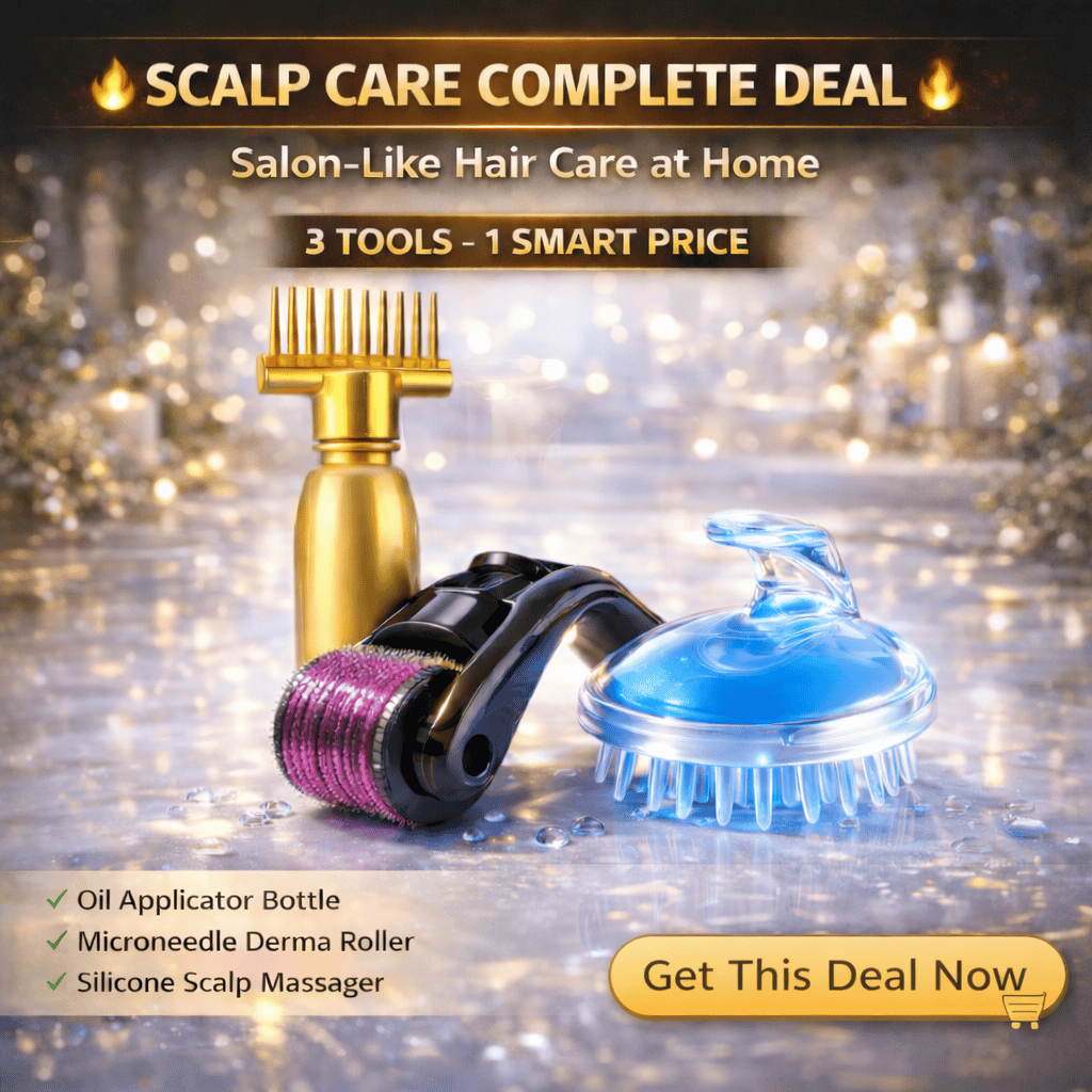 3 in 1 combo deal 1 Derma Roller (0.5mm) , Silicone Scalp Massage Brush , Oil Bottle