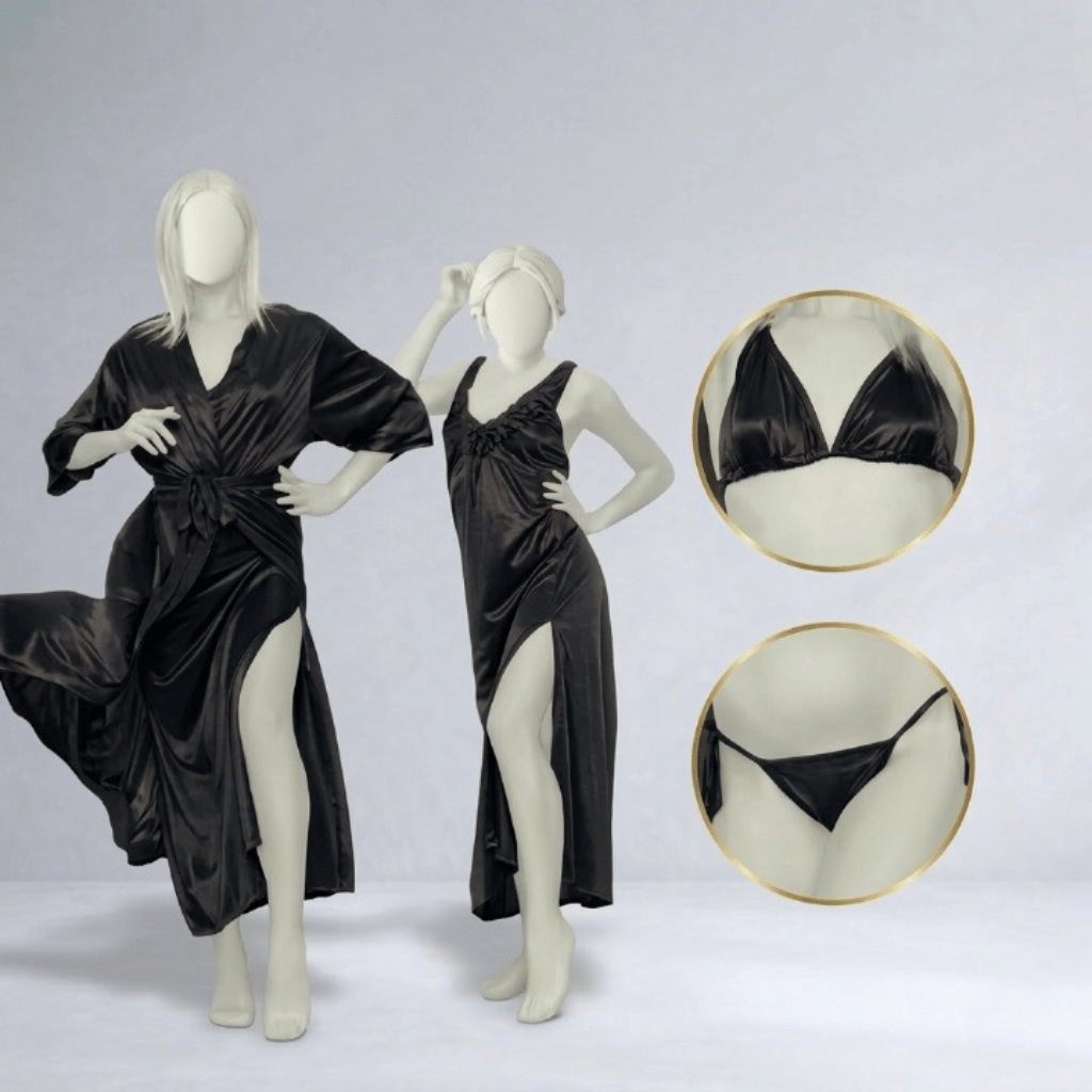 4-Piece Burgundy Silk Satin Lingerie & Nightwear Set for Women Free Size