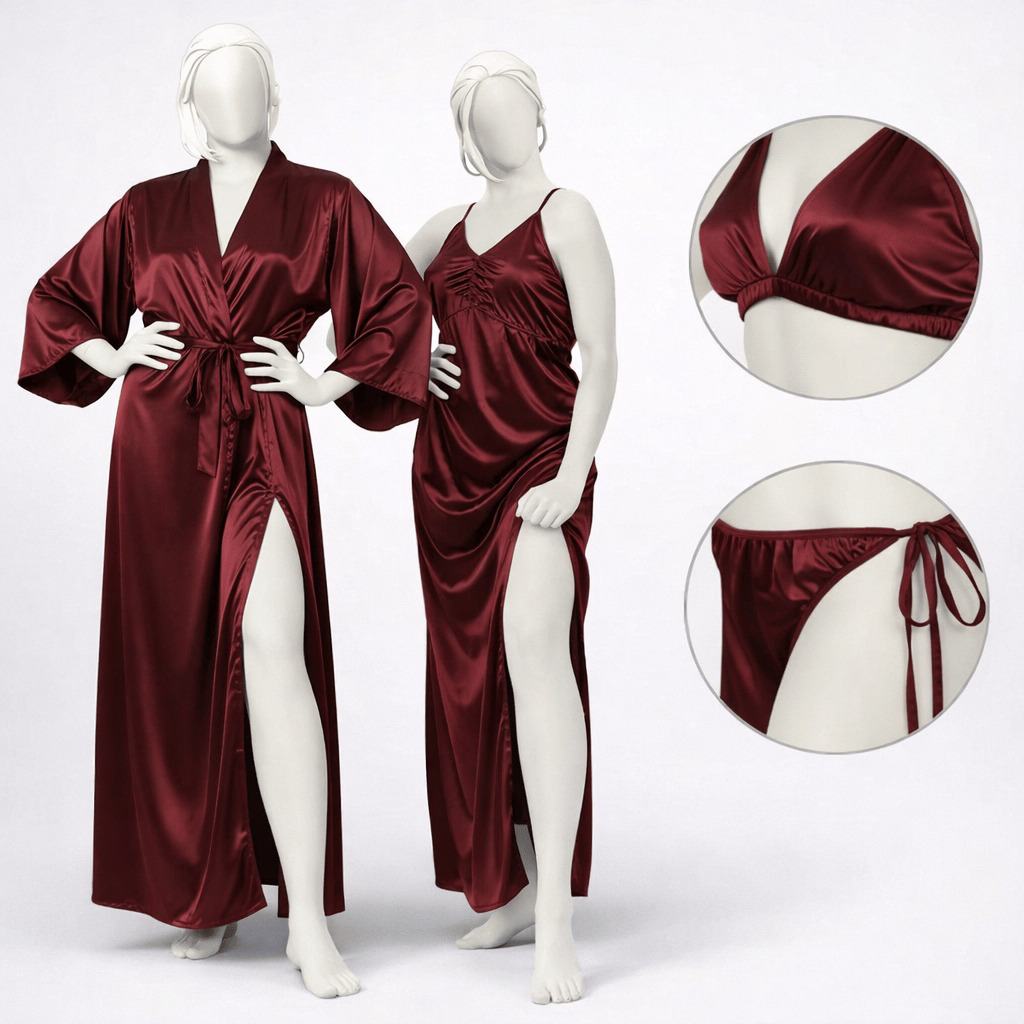 4-Piece Burgundy Silk Satin Lingerie & Nightwear Set for Women Free Size
