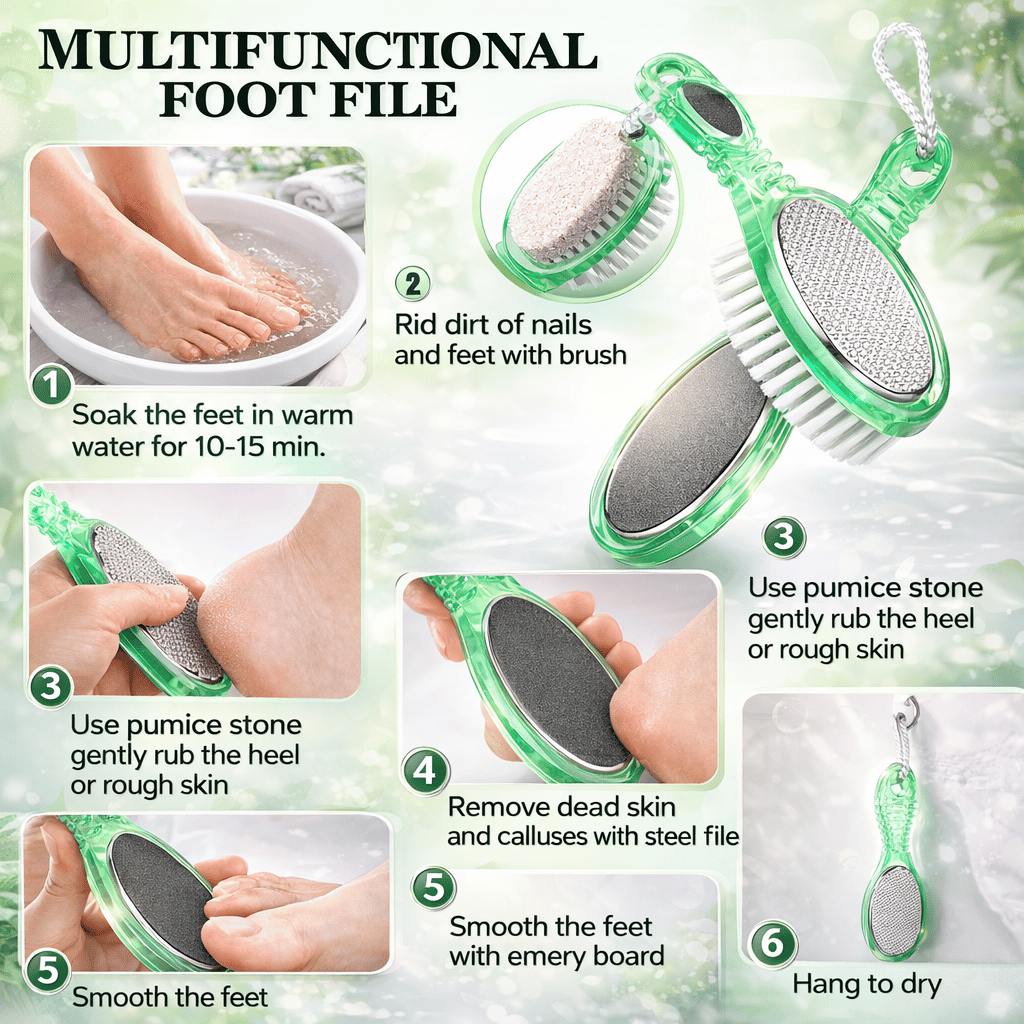 4-in-1 Pedicure Foot Filer – Callus Remover, Pumice Stone, Nail Brush & Foot File