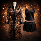 4 Pcs Couple Leopard Print & Black Satin Sleepwear Set – Robe & Nightdress