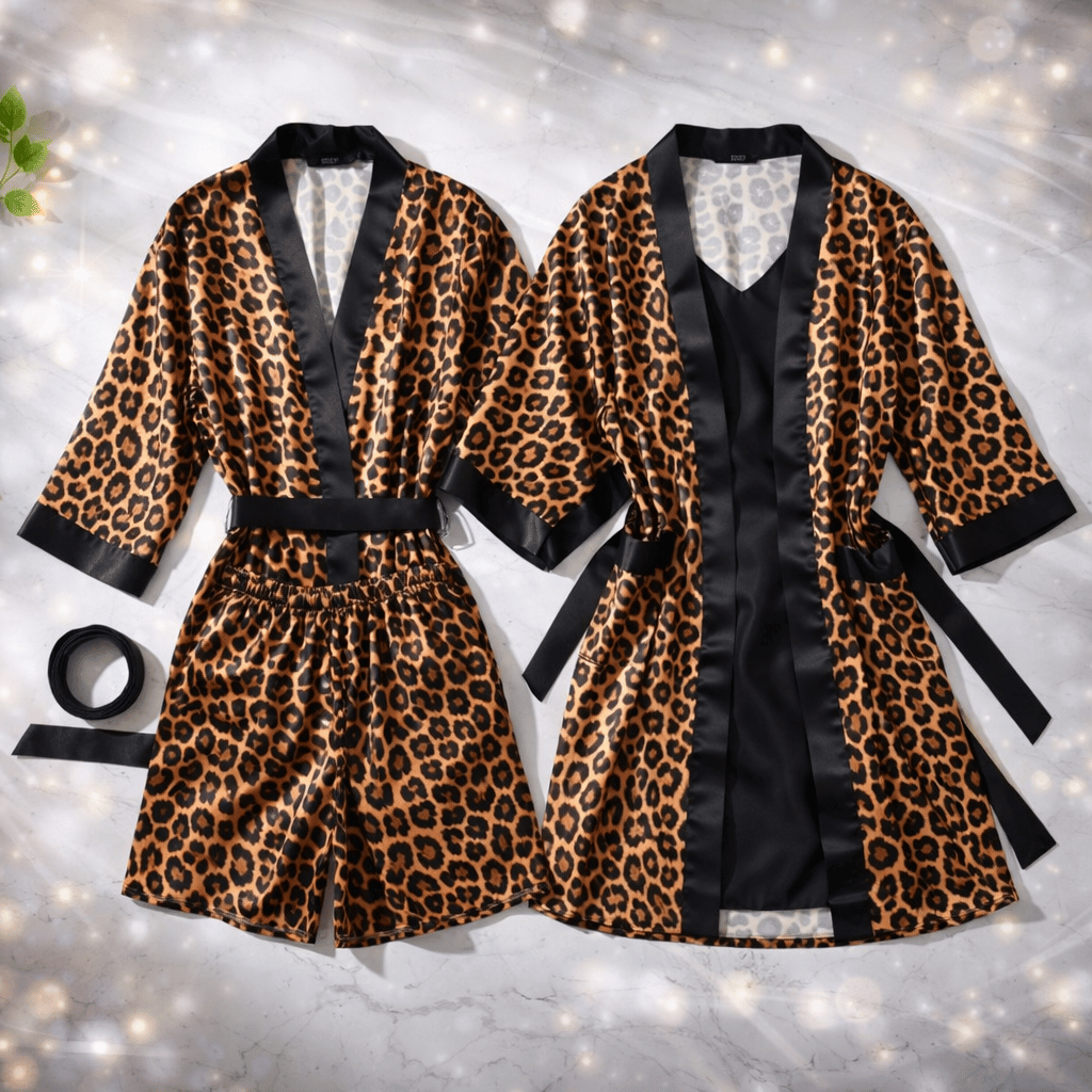 4 Pcs Couple Leopard Print & Black Satin Sleepwear Set – Robe & Nightdress