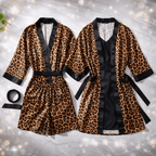 4 Pcs Couple Leopard Print & Black Satin Sleepwear Set – Robe & Nightdress