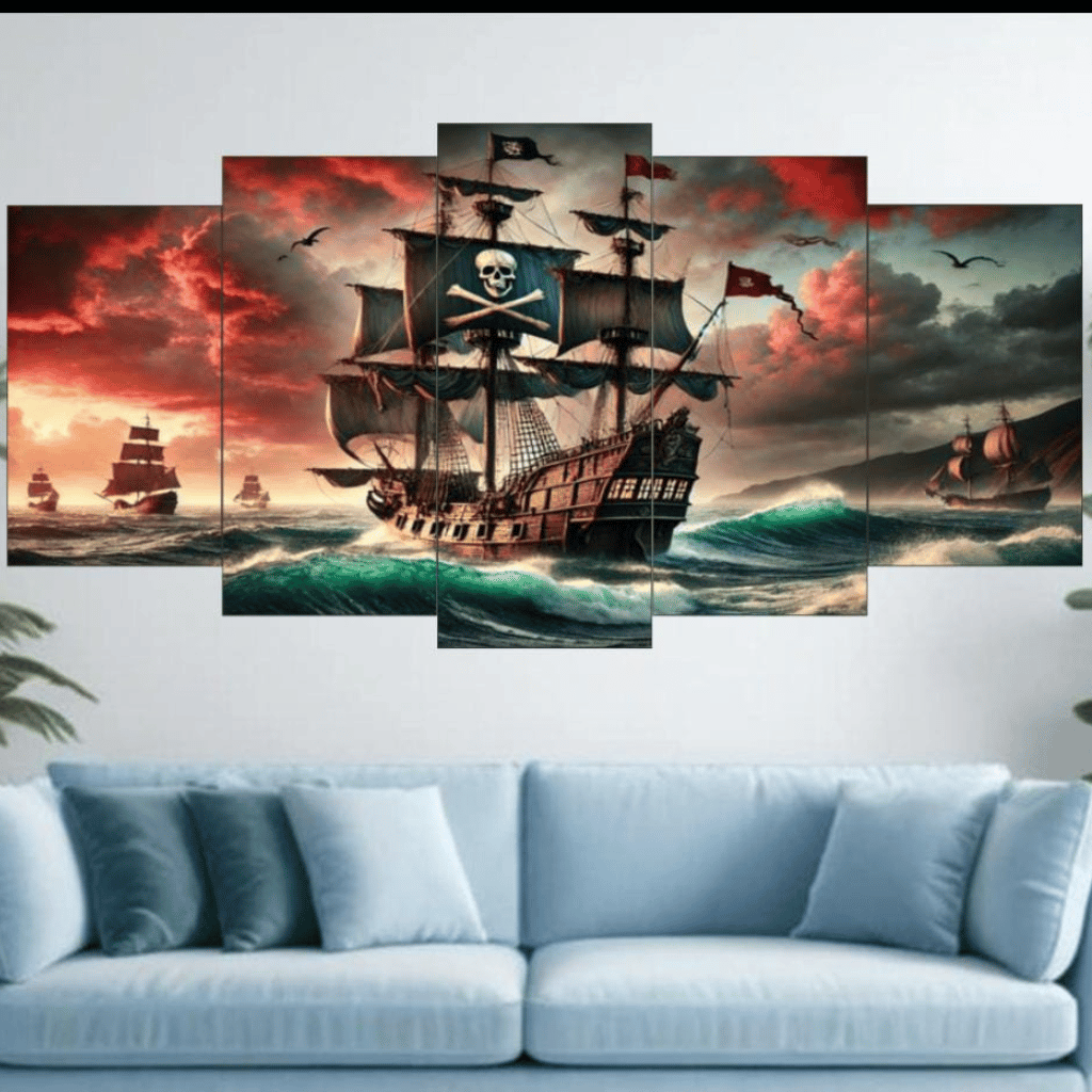 5-Piece Canvas Set Pirate Ship Ocean Voyage Wall Art Wooden Sticky Tile Frames with Double Tape (Size 16x40 inches)