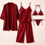5-Piece Satin Sleepwear Set – Robe, Camisole, Pants & Bikini Nightwear - Free Size