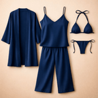 5-Piece Satin Sleepwear Set – Robe, Camisole, Pants & Bikini Nightwear - Free Size