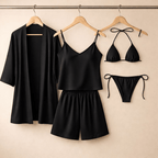 5-Piece Satin Sleepwear Set – Robe, Camisole, Pants & Bikini Nightwear - Free Size