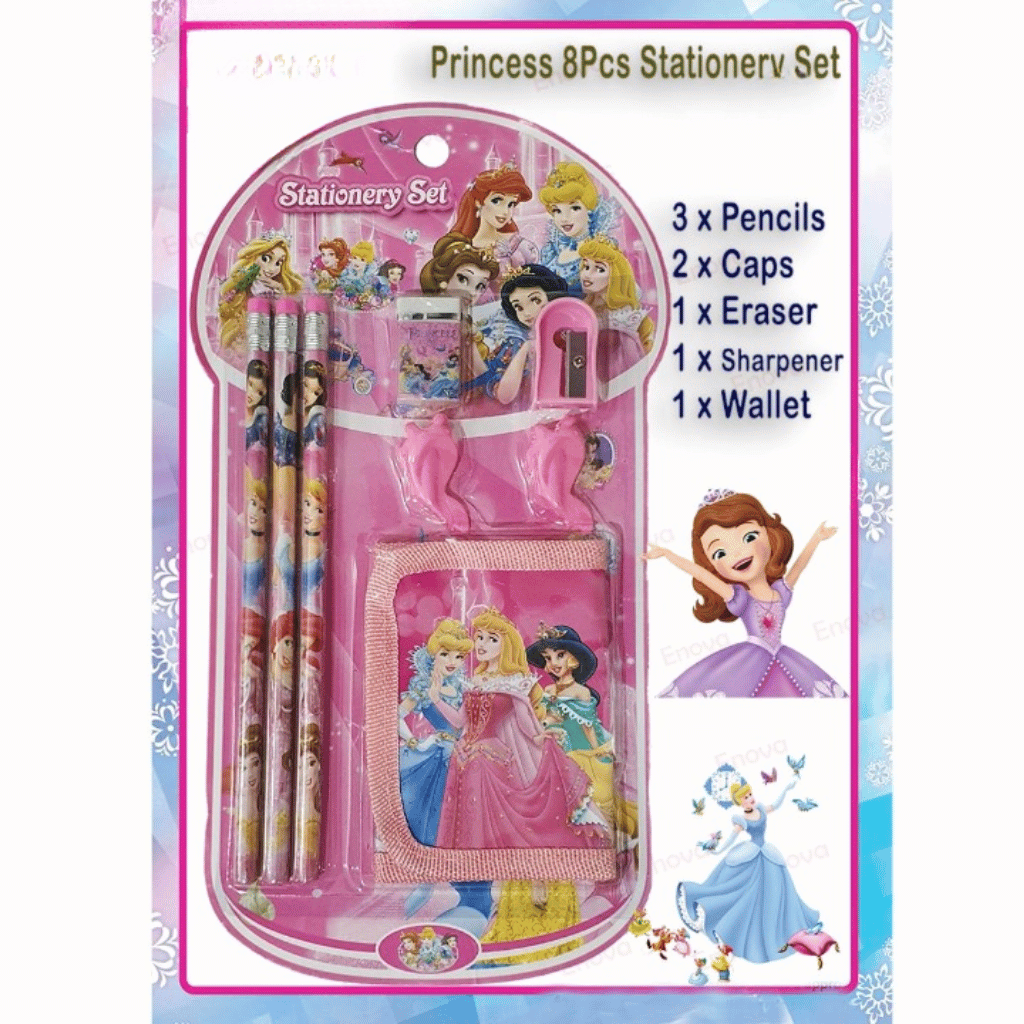 8 Pcs Disney Stationery Gift Set for Kids Includes Pencils, Eraser, Sharpener, Pencil Caps & Wallet (Random Character)