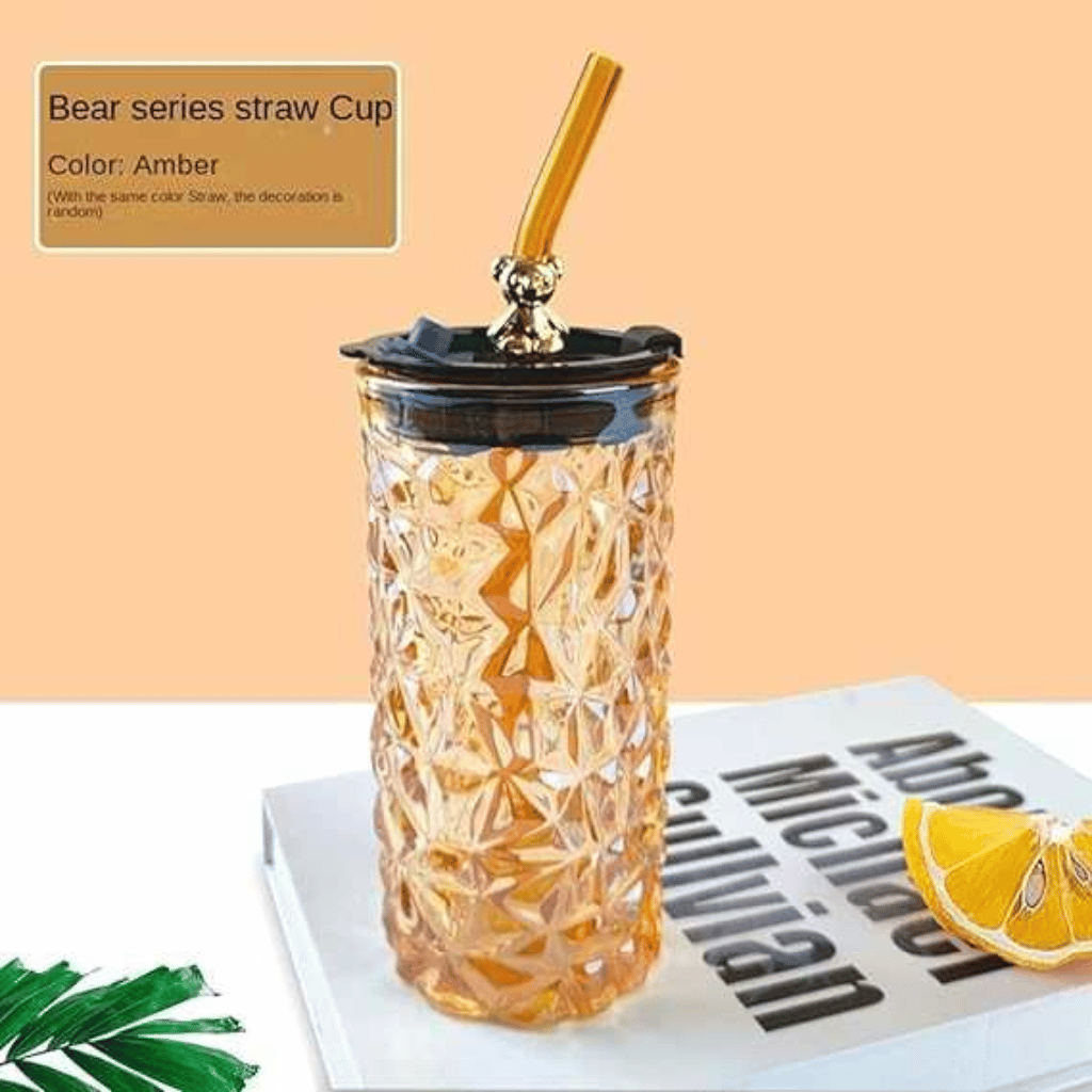 Aesthetic Straw Mason Jar with Silver Bear Lid – 450ml Glass Tumbler