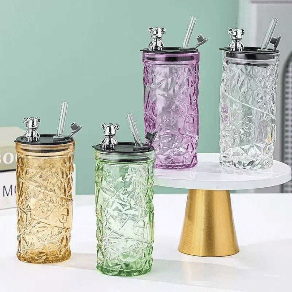 Aesthetic Straw Mason Jar with Silver Bear Lid – 450ml Glass Tumbler
