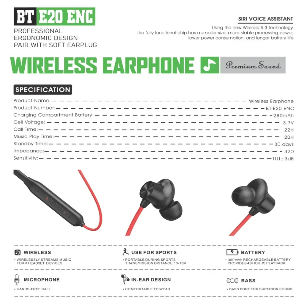 BT E20 EroreX ENC Wireless Neckband Earphones