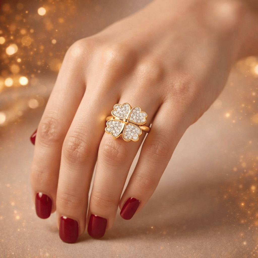 Clover Zircon Rotating Ring Adjustable Spinner Ring for Women