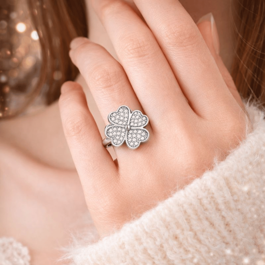 Clover Zircon Rotating Ring Adjustable Spinner Ring for Women