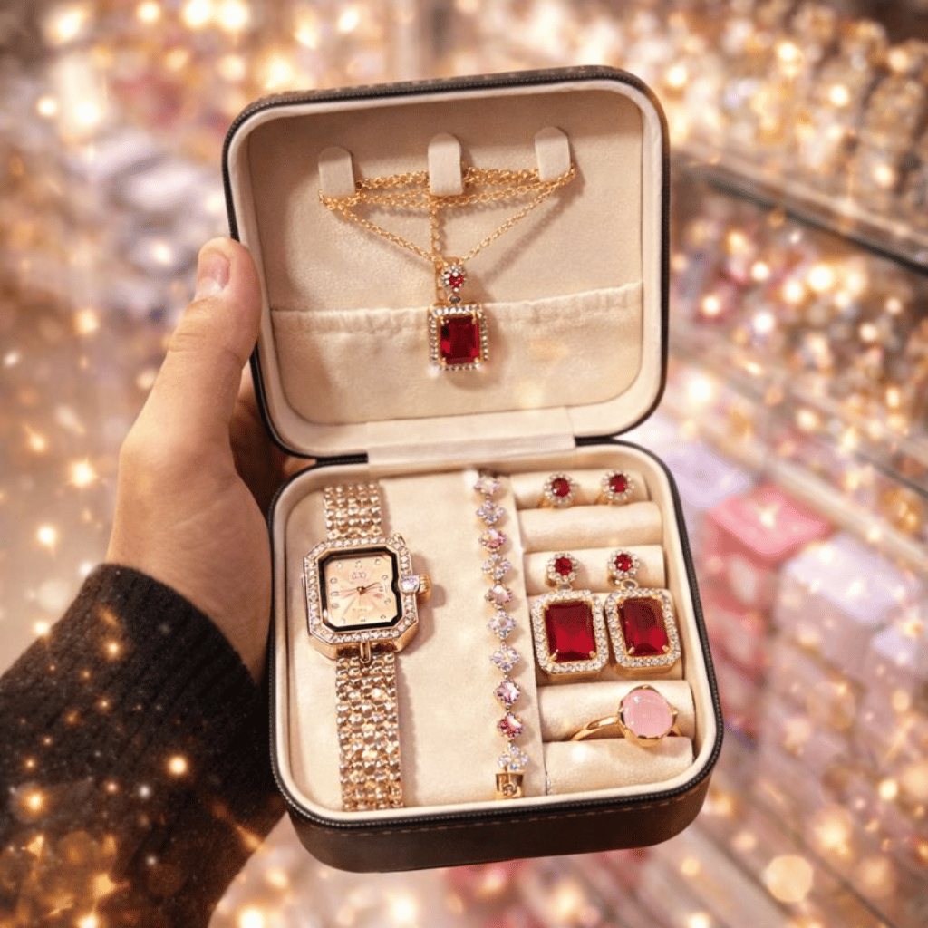 Elegant 6-Piece Rose Gold & Ruby Red Jewelry Gift Set