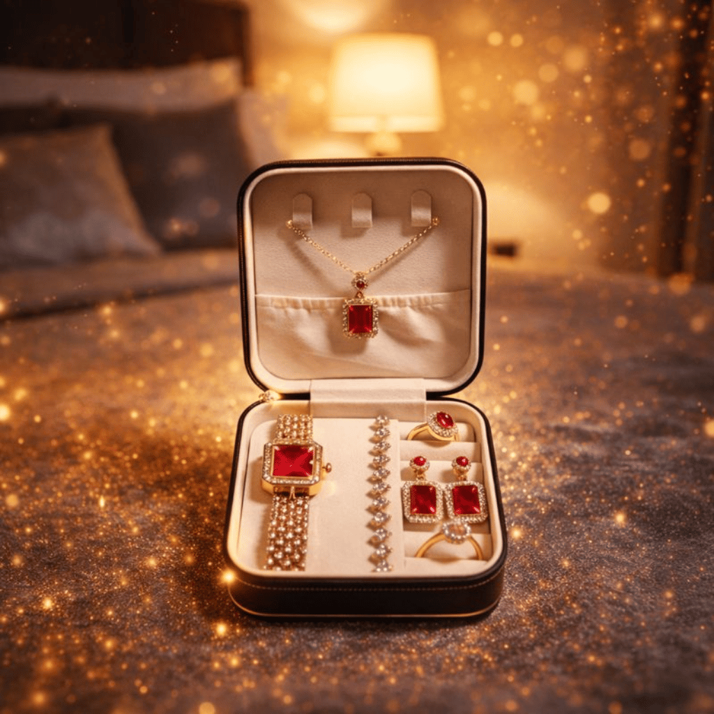 Elegant 6-Piece Rose Gold & Ruby Red Jewelry Gift Set