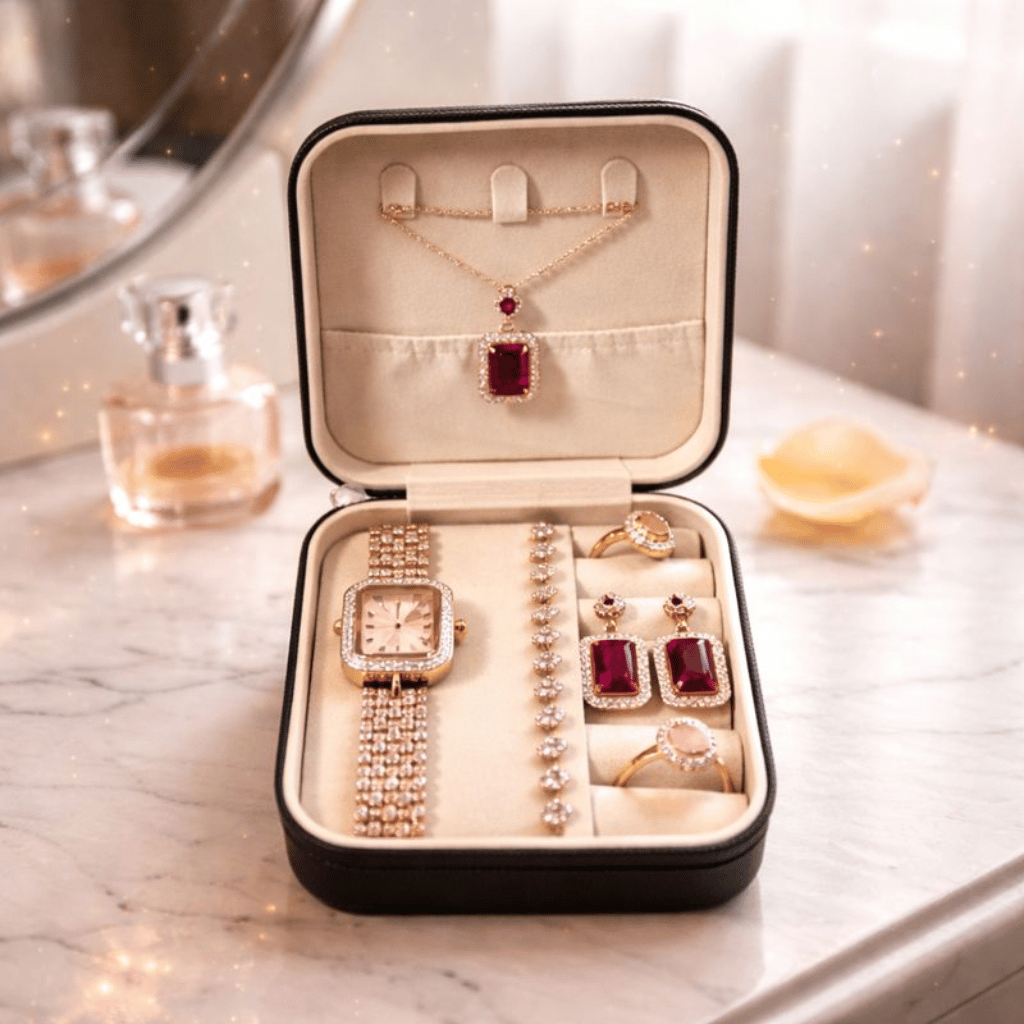 Elegant 6-Piece Rose Gold & Ruby Red Jewelry Gift Set