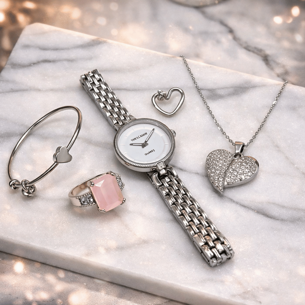 Elegant Heart & Stone 5-Piece Women’s Jewelry Gift Set ~ Imported