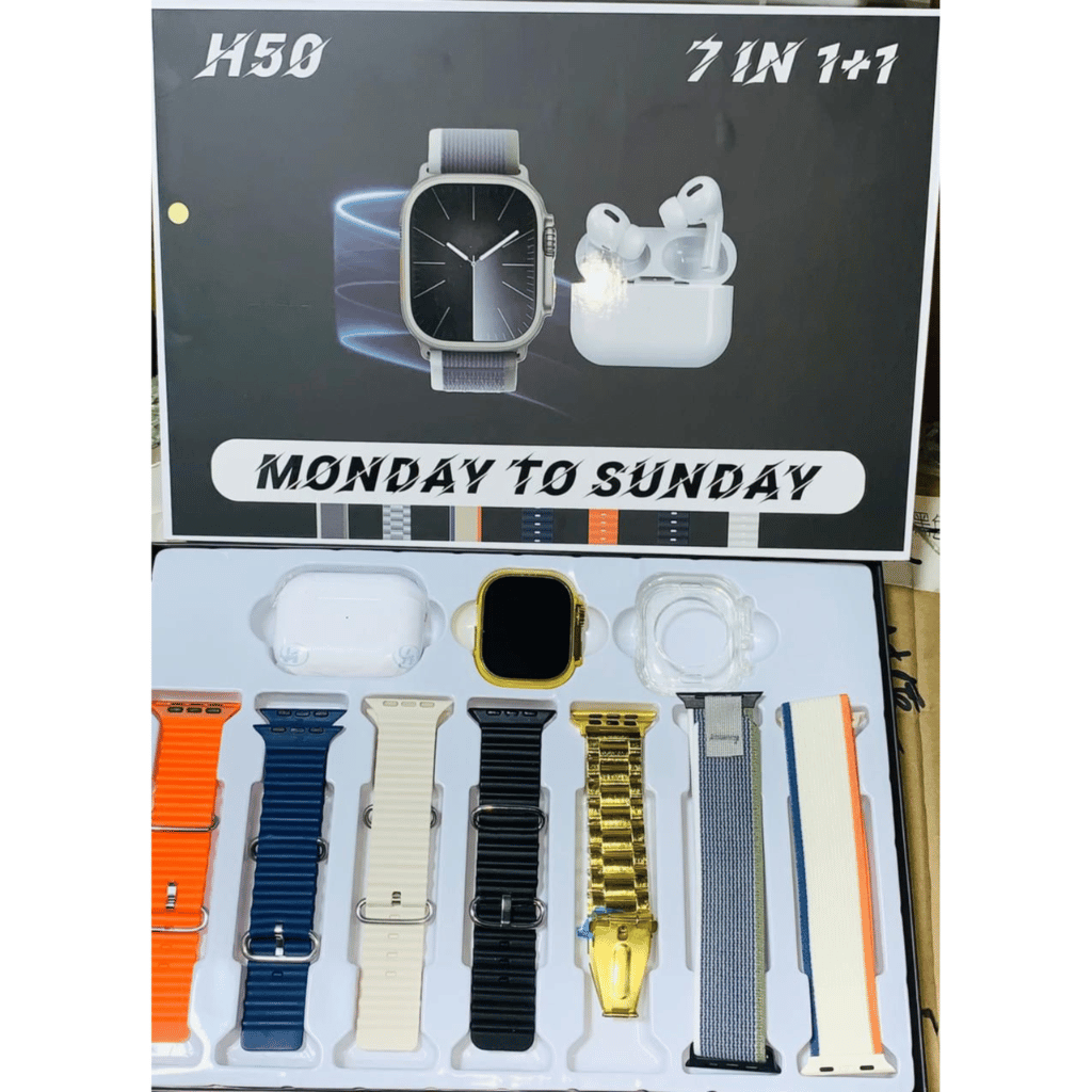 H50 Smart Watch 7‑in‑1 Set | Golden Design | With AirPods & Accessories