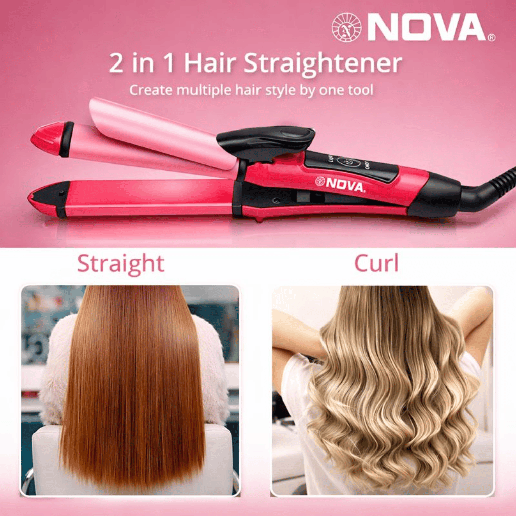 Nova 2‑in‑1 Hair Straightener & Curler | Model NHC‑2009 | Professional Styling Tool