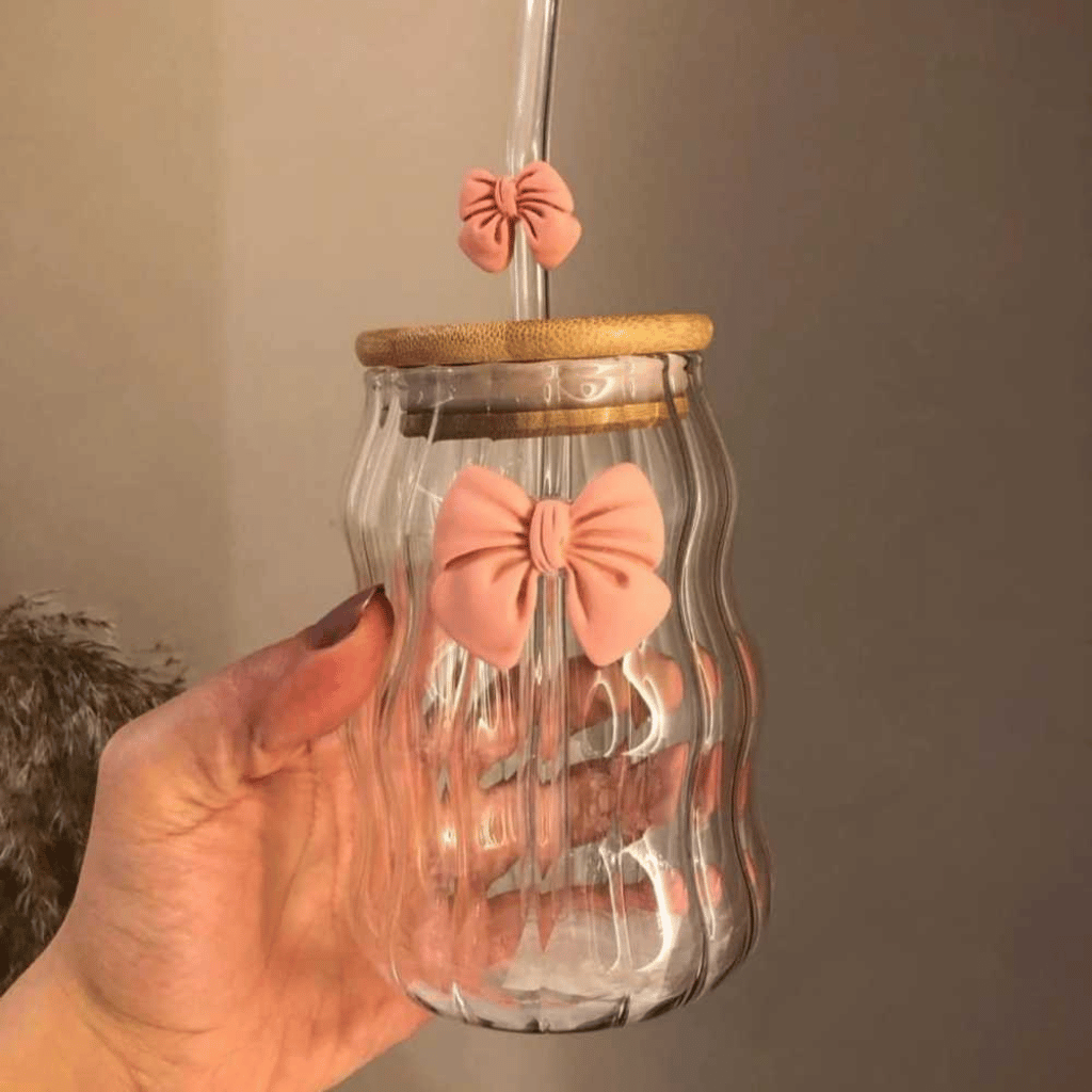 Premium 500ml Lined Glass Cup with Bow – Aesthetic Ribbed Drinking Glass