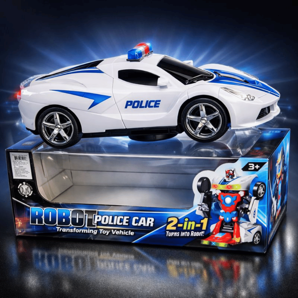 Robot Police Car Toy  Transformer with Lights, Music, Automatic Rotation