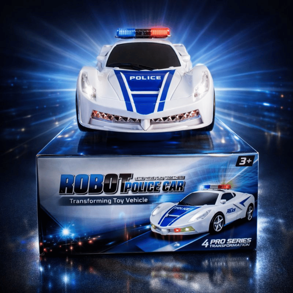 Robot Police Car Toy  Transformer with Lights, Music, Automatic Rotation