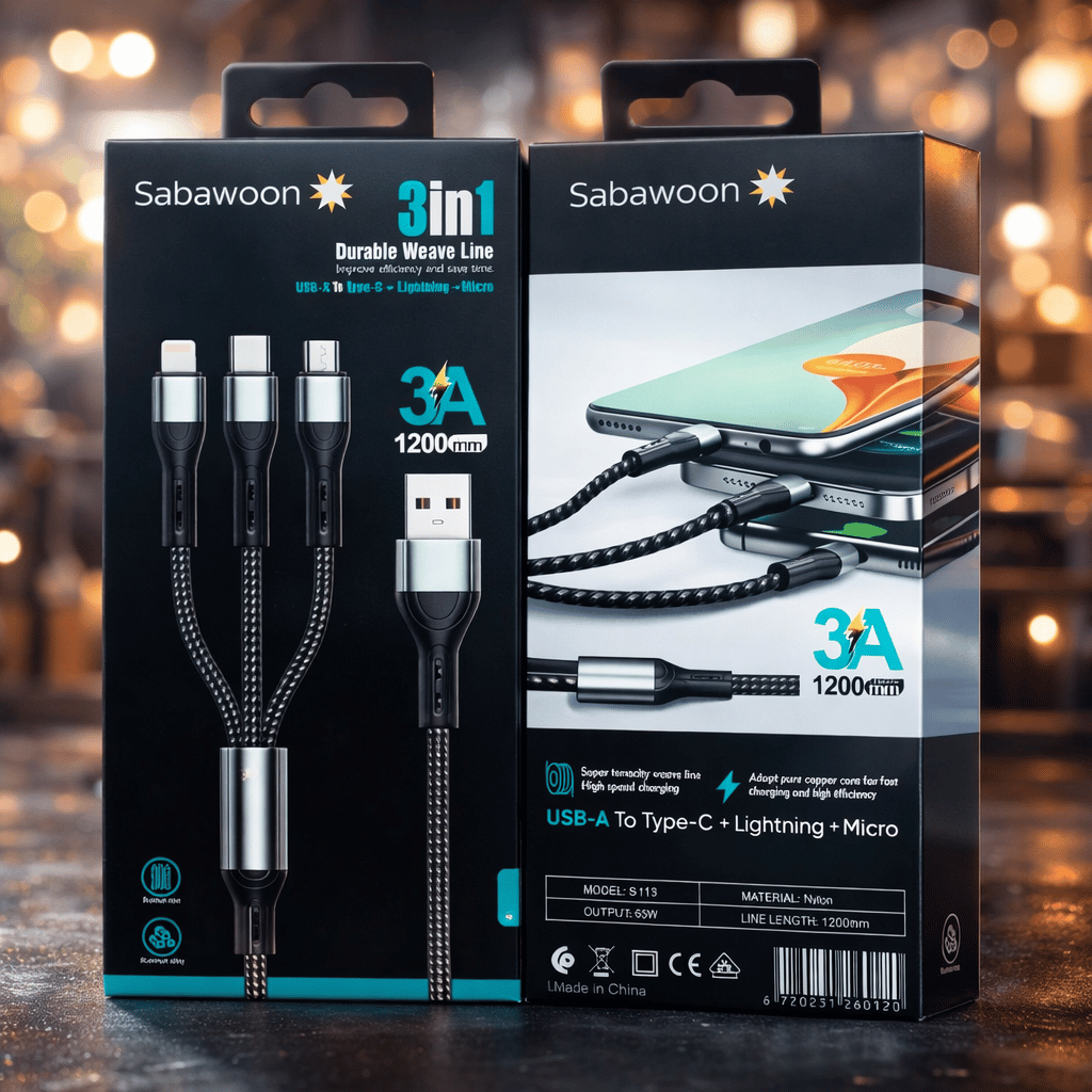 Sabawoon S113 3‑in‑1 Cable | 3A Fast Charging | Original Quality