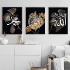 Set 3 Black Gold Leaf White Islamic Wall Art Frames Decor
