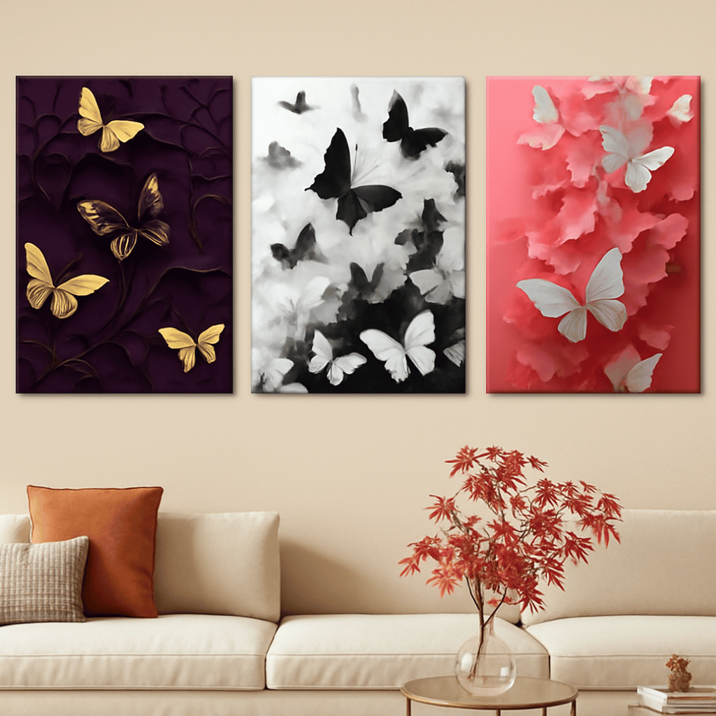Set Of 3 Butterfly Art Wooden Frames For Wall Decoration / Sticky Photo Tile