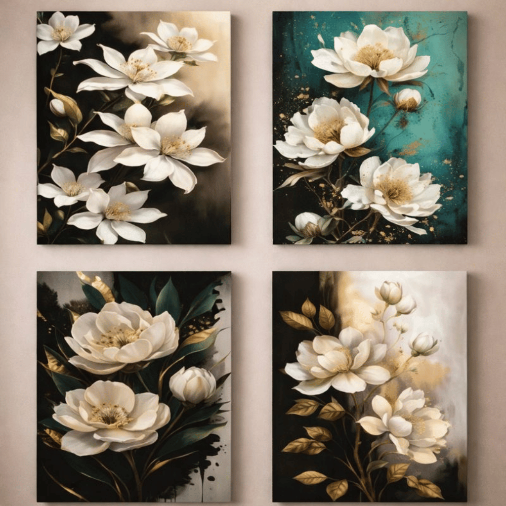 Set Of 4 Flower Wall Art Wooden Canvas Frames For Wall Decor Providing Beautiful Designs