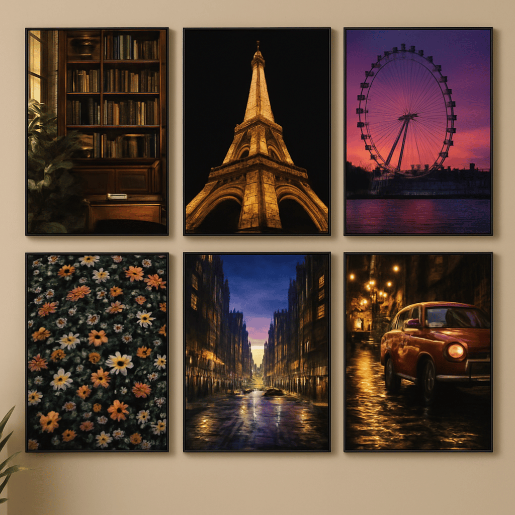 Set Of 6 Sticky Wooden Canvas Frames For Wall Decore Aesthatic Art / Sticky Phototiles For Room Wall Decoration