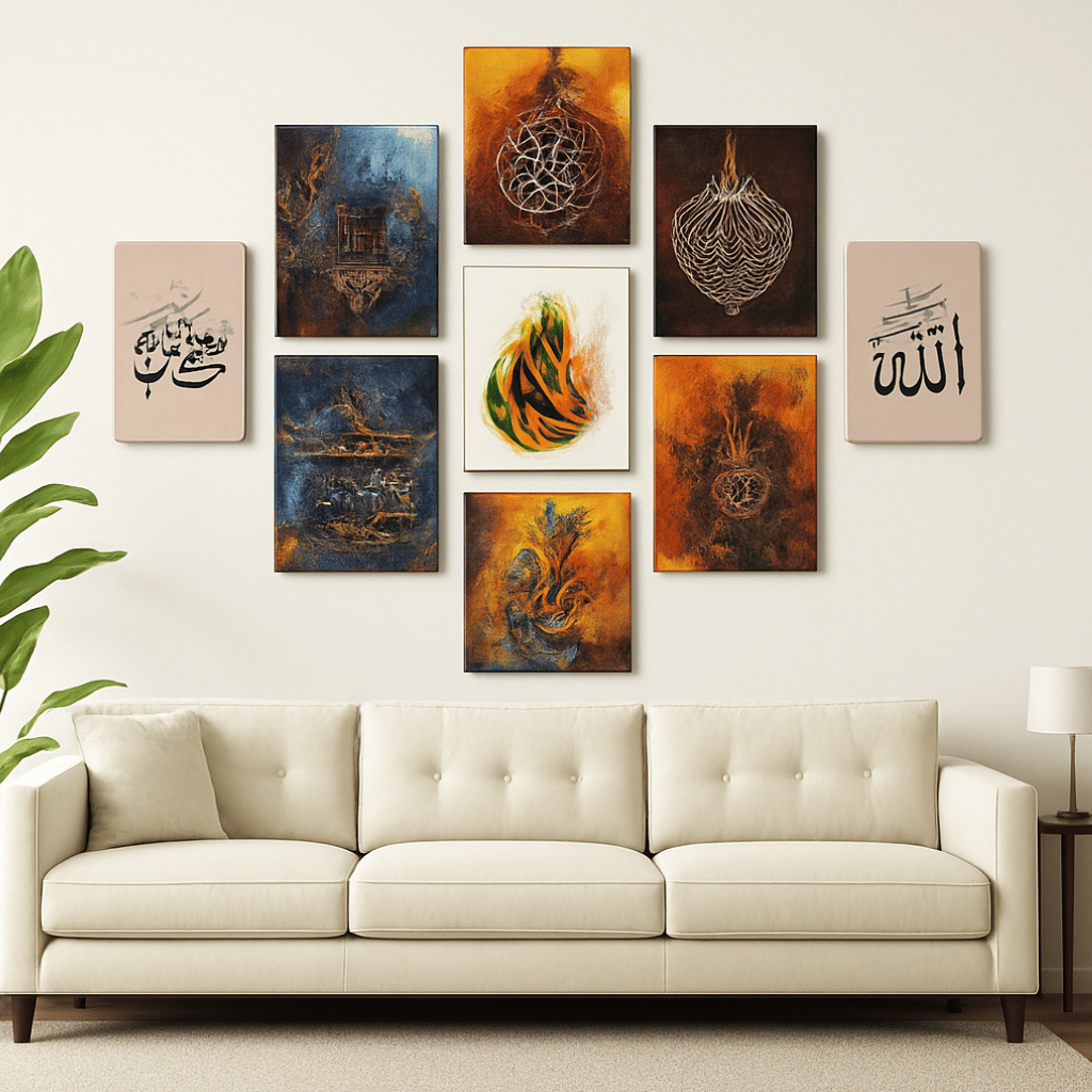 Set Of 9 Islamic Frame Wall Decor Sticky Wooden Canvas Frames