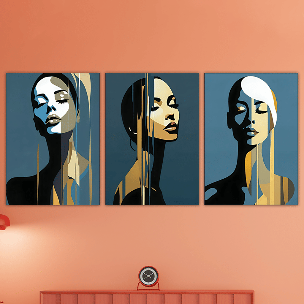 Set of 3 Inspirational Art Wooden Wall Posters for Decor Abstract Portraits with Gold Accents, 8x11 Inch