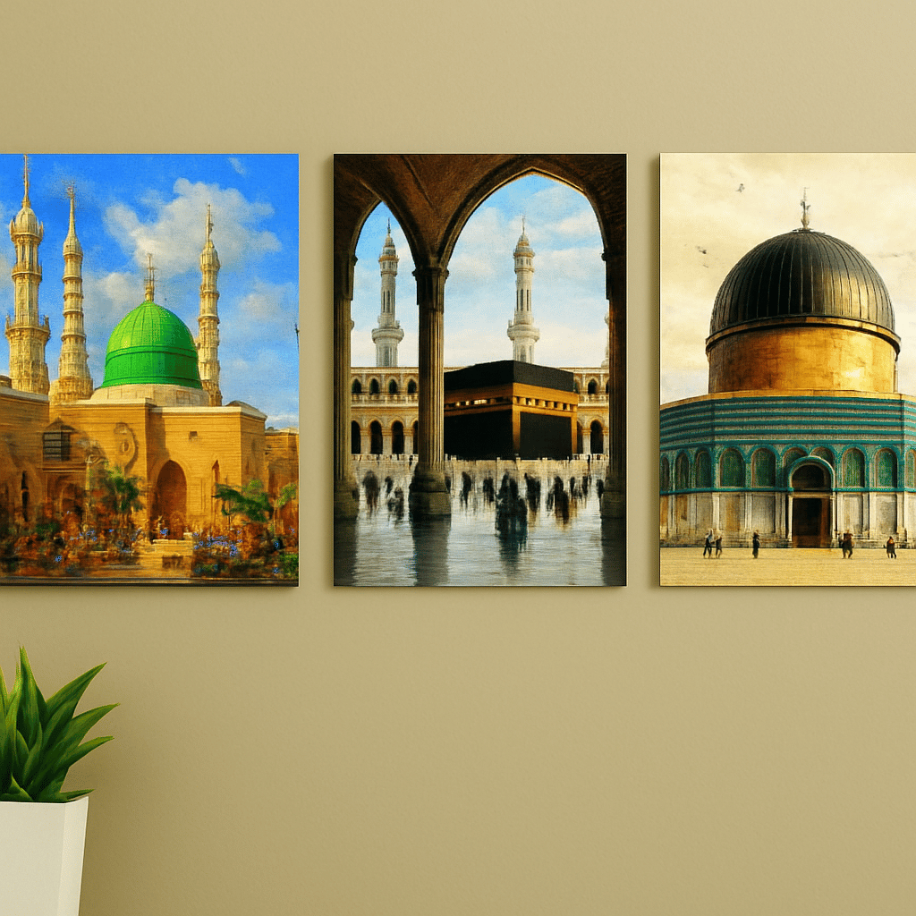 Set of 3 Khana Kaba Masjid e Nabwi Al Aqsa Mosque Beautiful Islamic Wall Art Wooden Frames