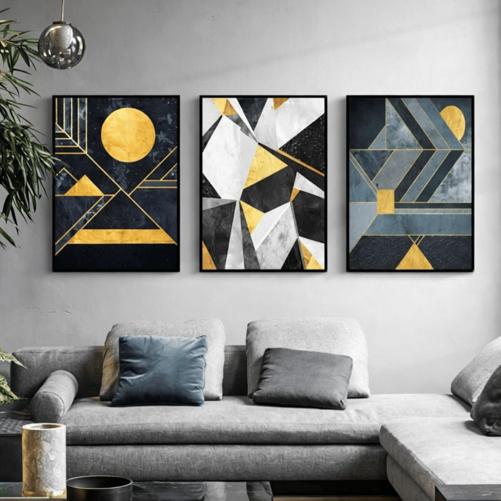 Set of 3 Modern Abstract Wall Art with Geometric Gold & Black Designs | Easy Wall Mounting with Double Tape (8x11”)