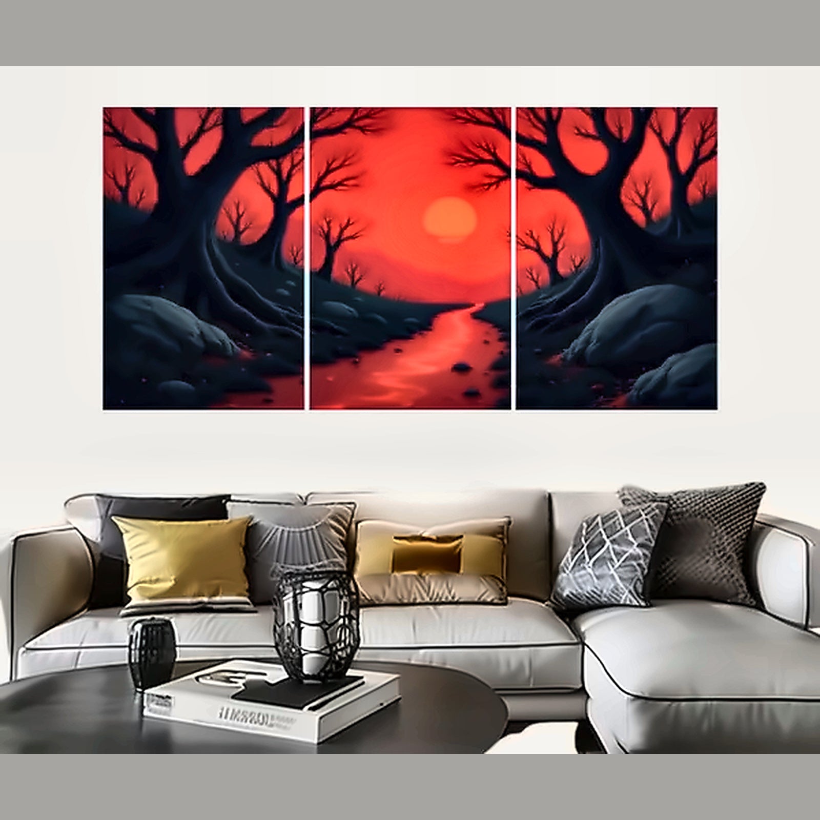 Set of 3 Surreal Red Landscape Wall Art Frames – 8x11" Wood with Adhesive Backing